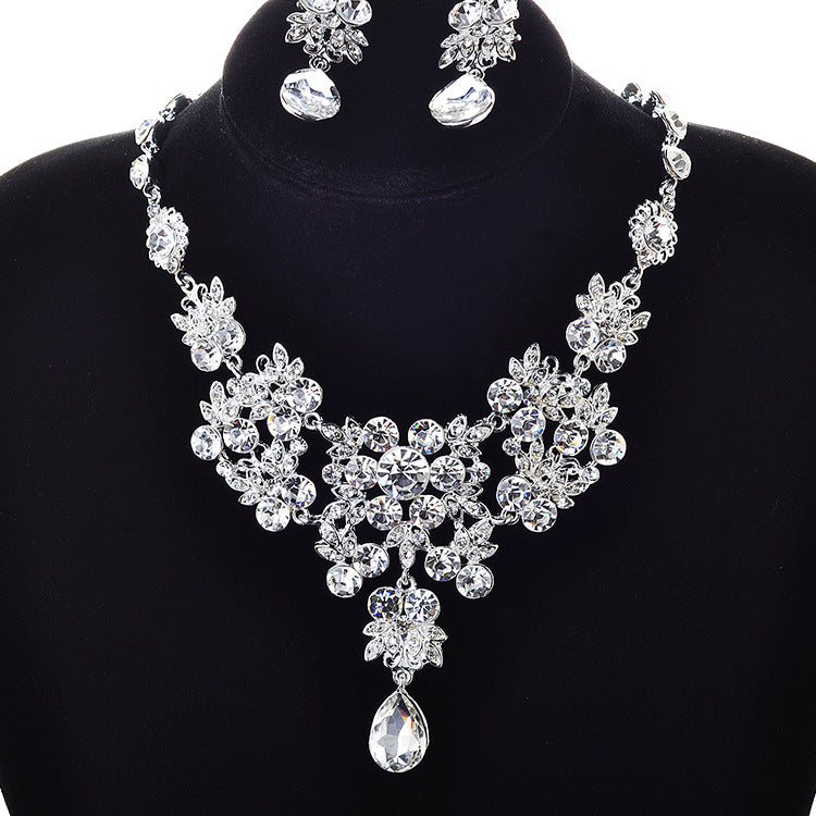 Bridal Jewelry Set • Rhinestone Collarbone Wedding Necklace Earrings Set