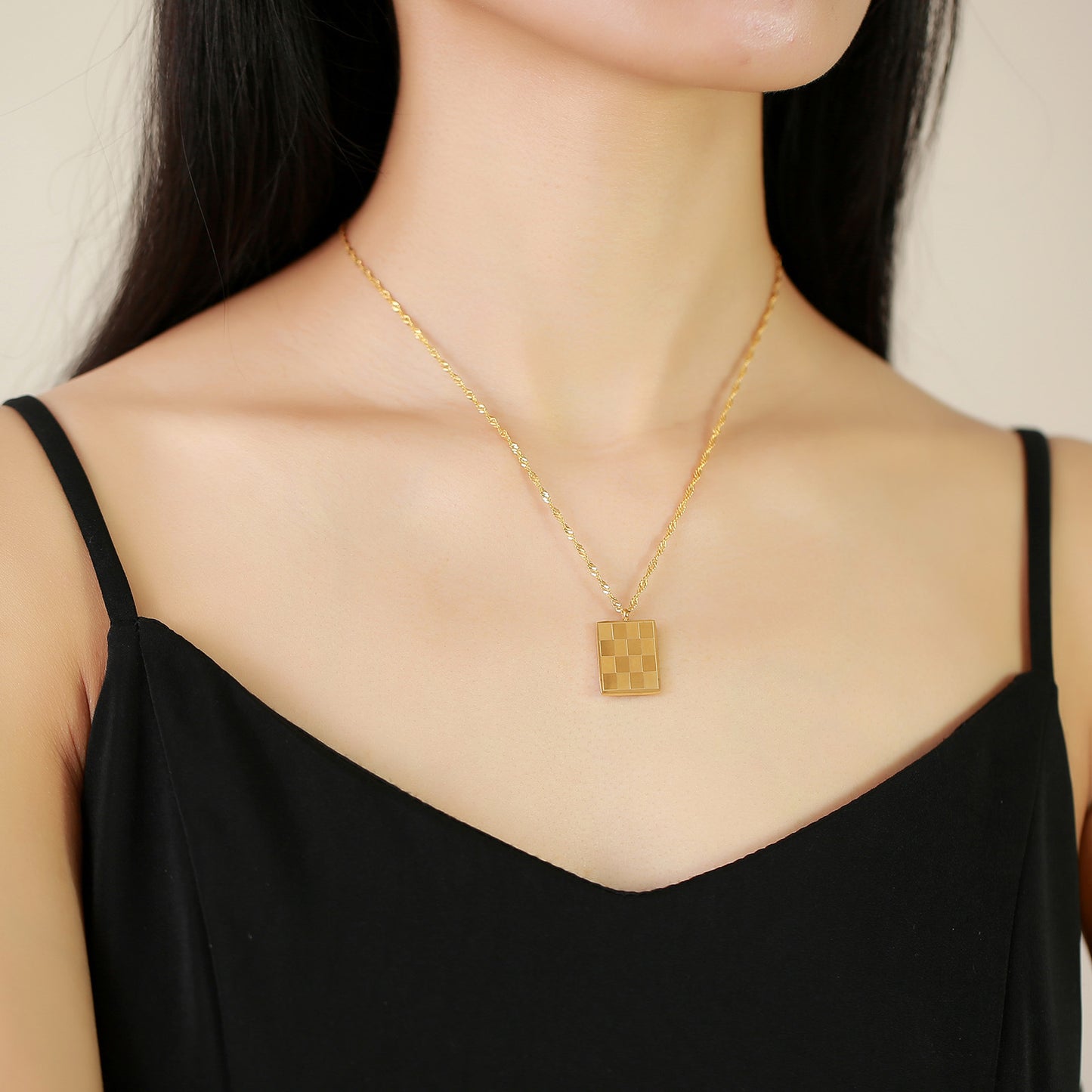 Checkerboard Pendant Necklace • Gold Plated Stainless Steel