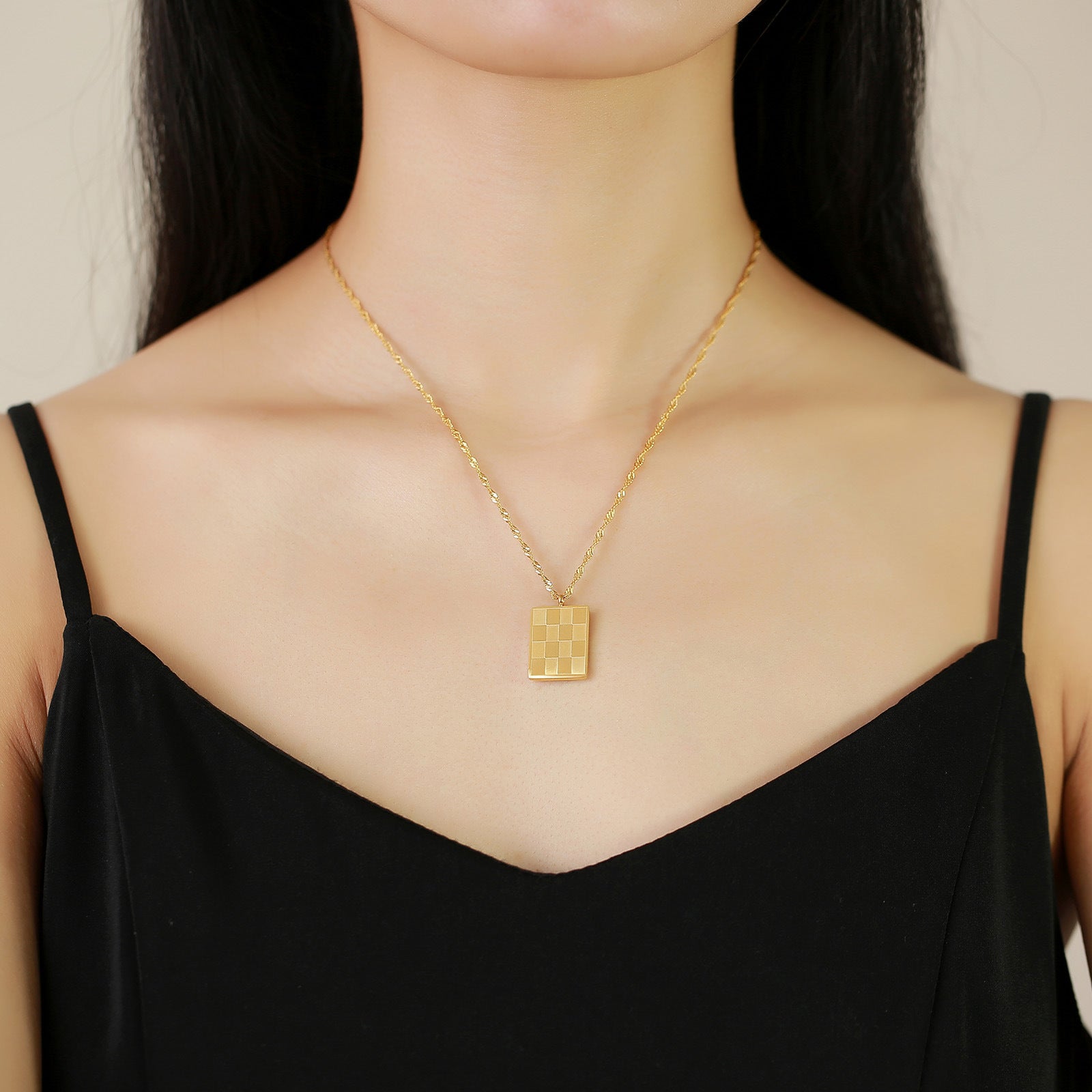 Checkerboard Pendant Necklace • Gold Plated Stainless Steel