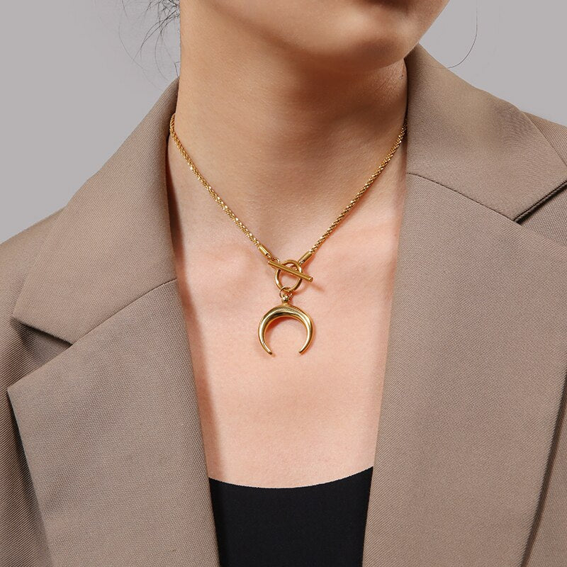 Crescent Moon Toggle Necklace • Stainless Steel Metal Collar 