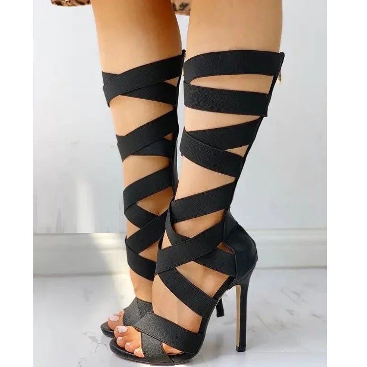 Lace Up Summer Boots •  Elastic Belt Stiletto