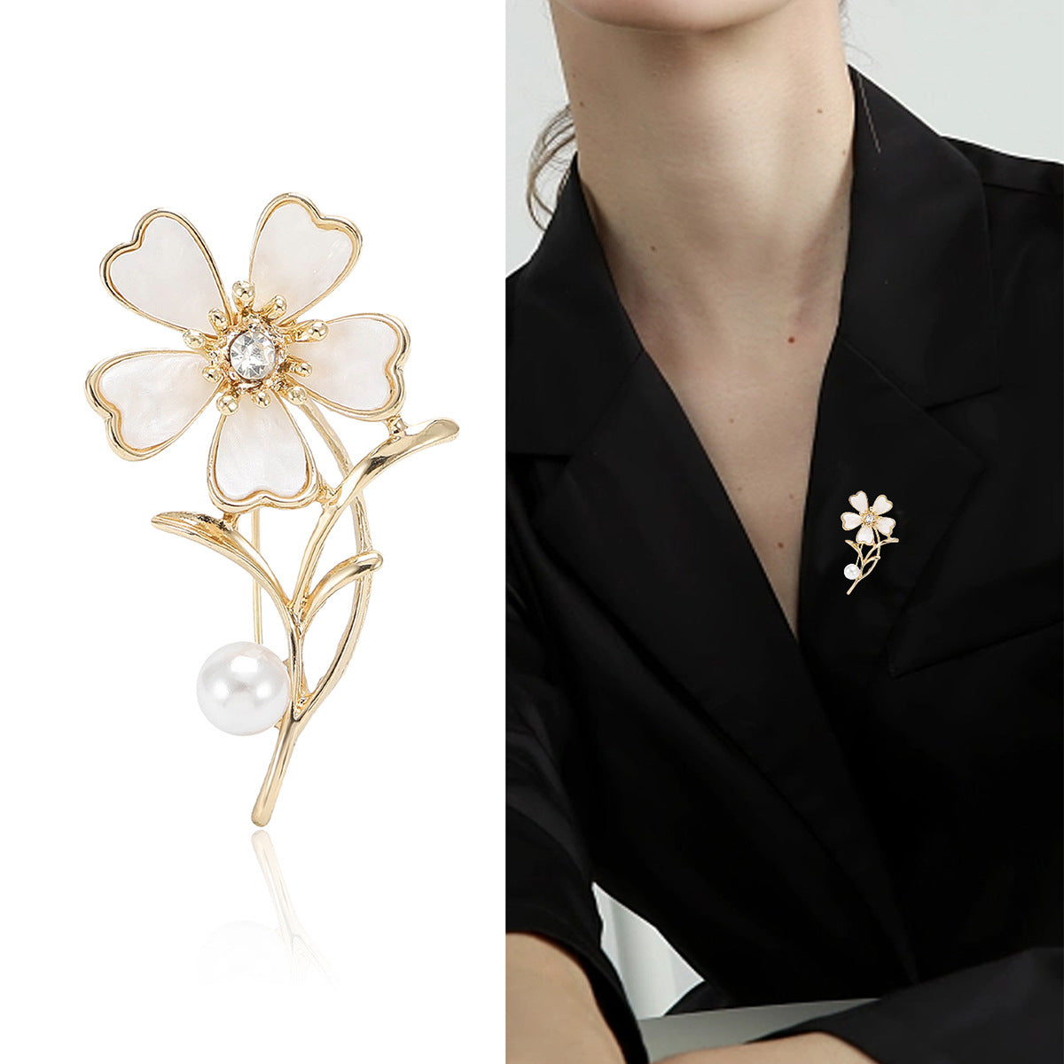 Elegant Floral Brooch • Two-Tones Pearl Plant Dress Pin