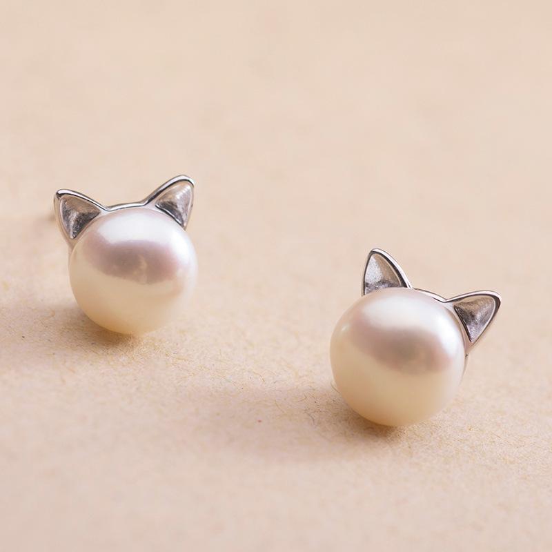 Endearing Cat Pearl Studs • Silver Needle Small Stud Earrings