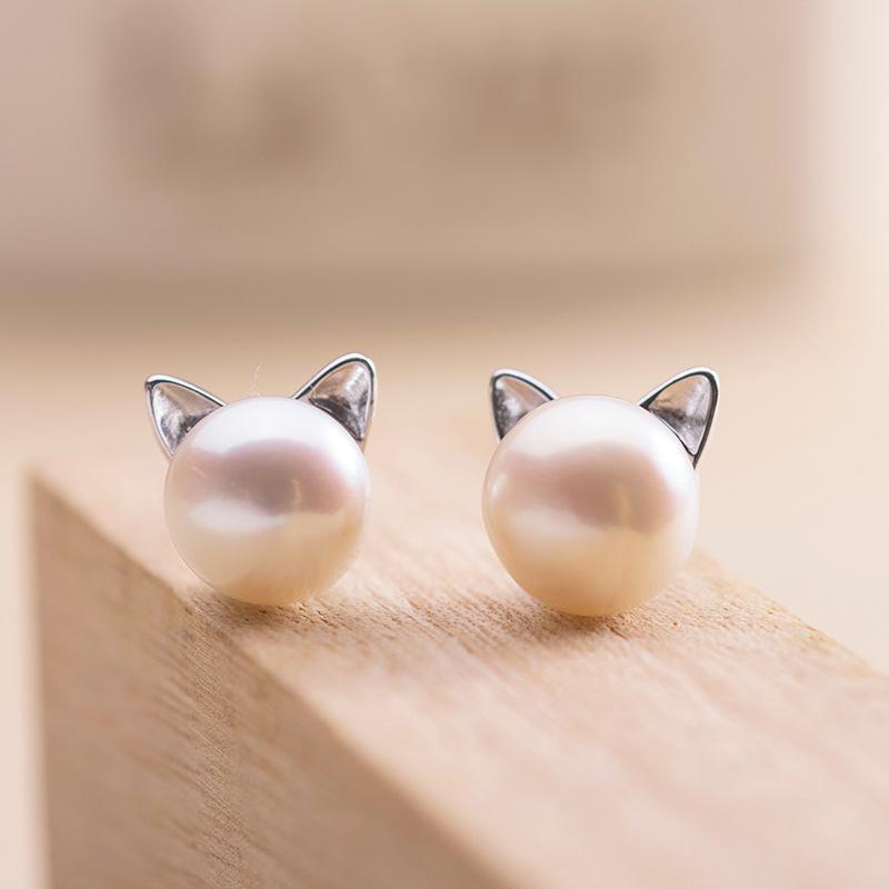 Endearing Cat Pearl Studs • Silver Needle Small Stud Earrings