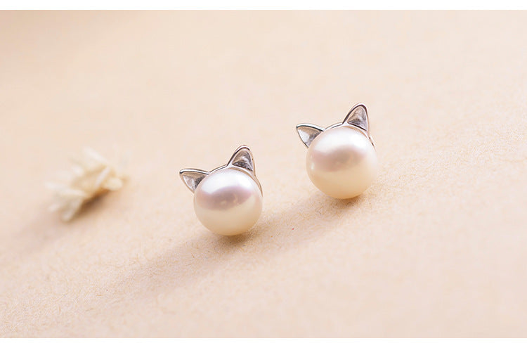 Endearing Cat Pearl Studs • Silver Needle Small Stud Earrings