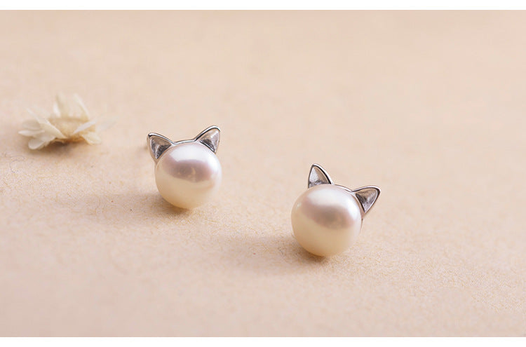 Endearing Cat Pearl Studs • Silver Needle Small Stud Earrings