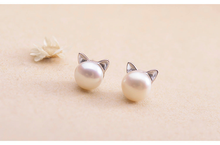 Endearing Cat Pearl Studs • Silver Needle Small Stud Earrings