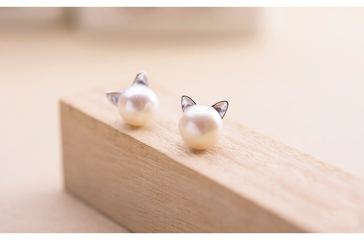 Endearing Cat Pearl Studs • Silver Needle Small Stud Earrings