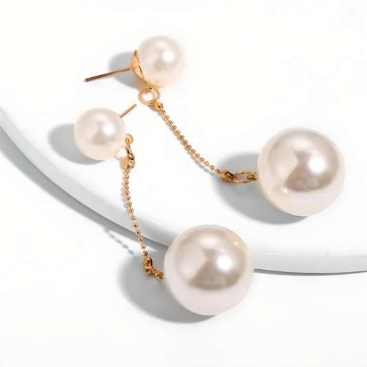 Exaggerated Dual Pearl Chandeliers • Faux Pearl Earrings