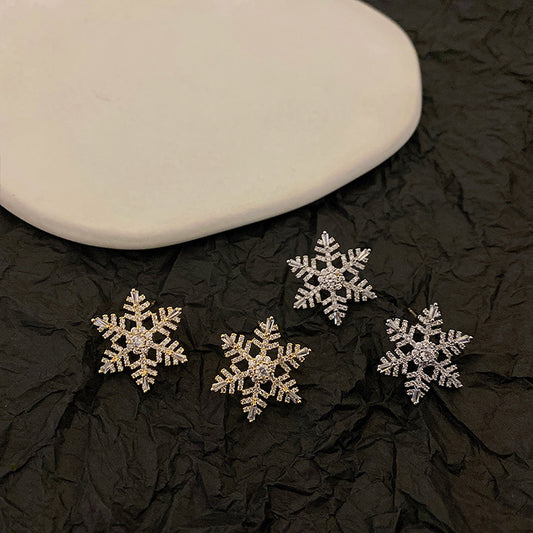 Silver Gold Snowflake Earrings • Zircon Embedded Plated Alloy