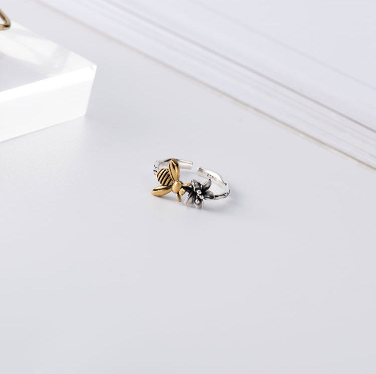 Flower Bee Open Ring • Sterling Silver Brass Ring