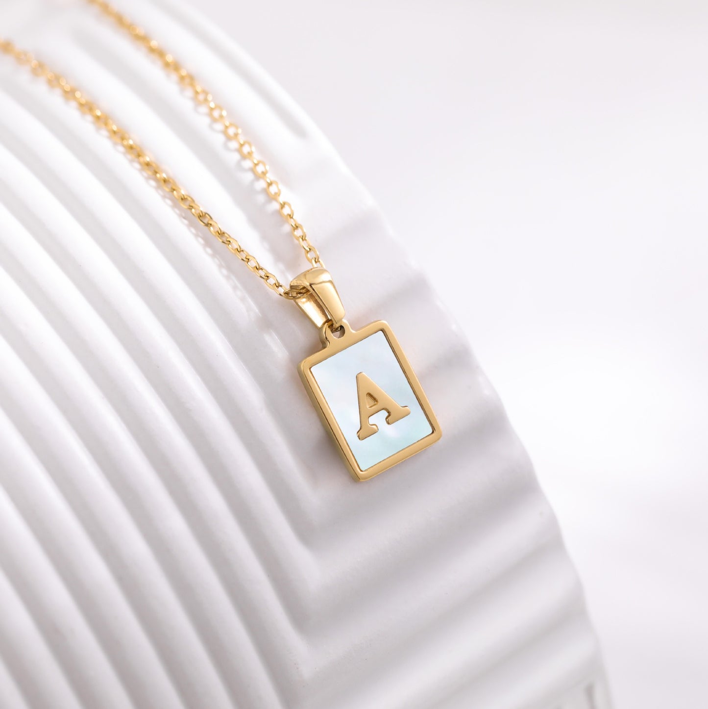 Square Letter Necklace • Stainless Steel Sea Shell Pendant