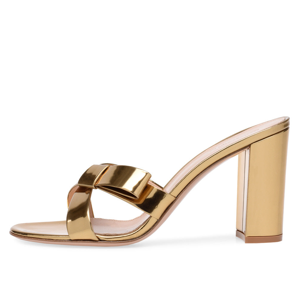 Thick Heel Golden Sandals • PU Leather Shoes