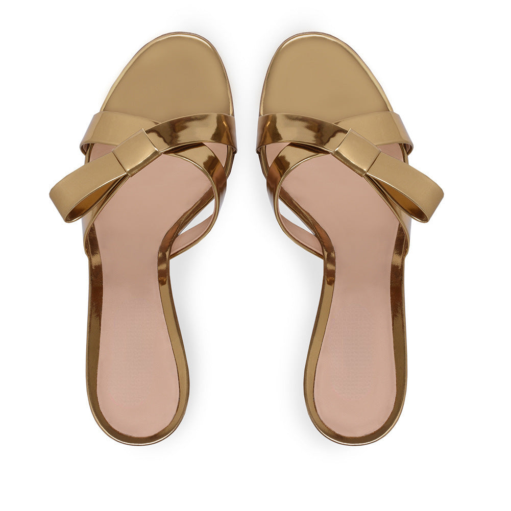 Thick Heel Golden Sandals • PU Leather Shoes