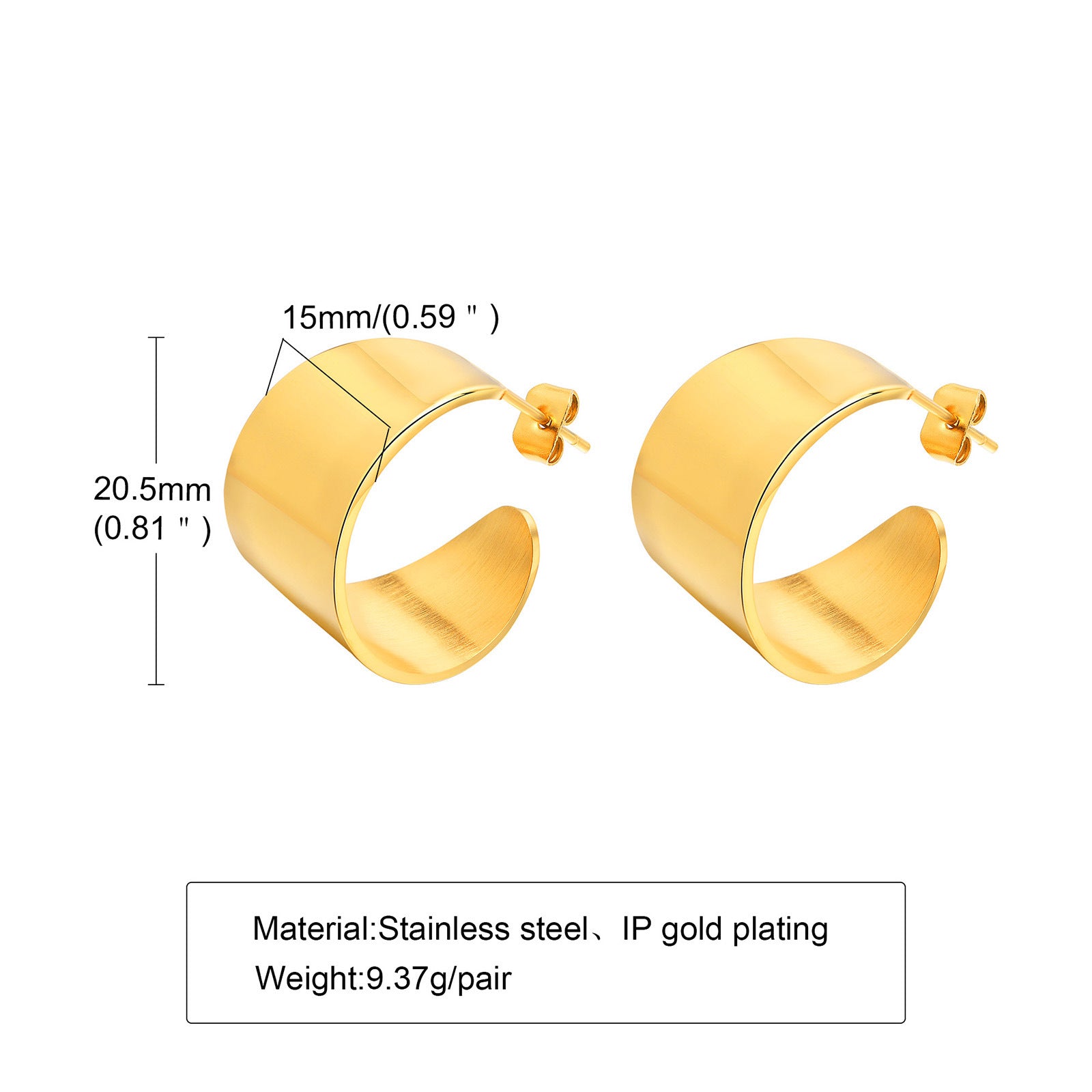 Golden Stainless Steel Earrings • Simple Smooth C-Shaped Design