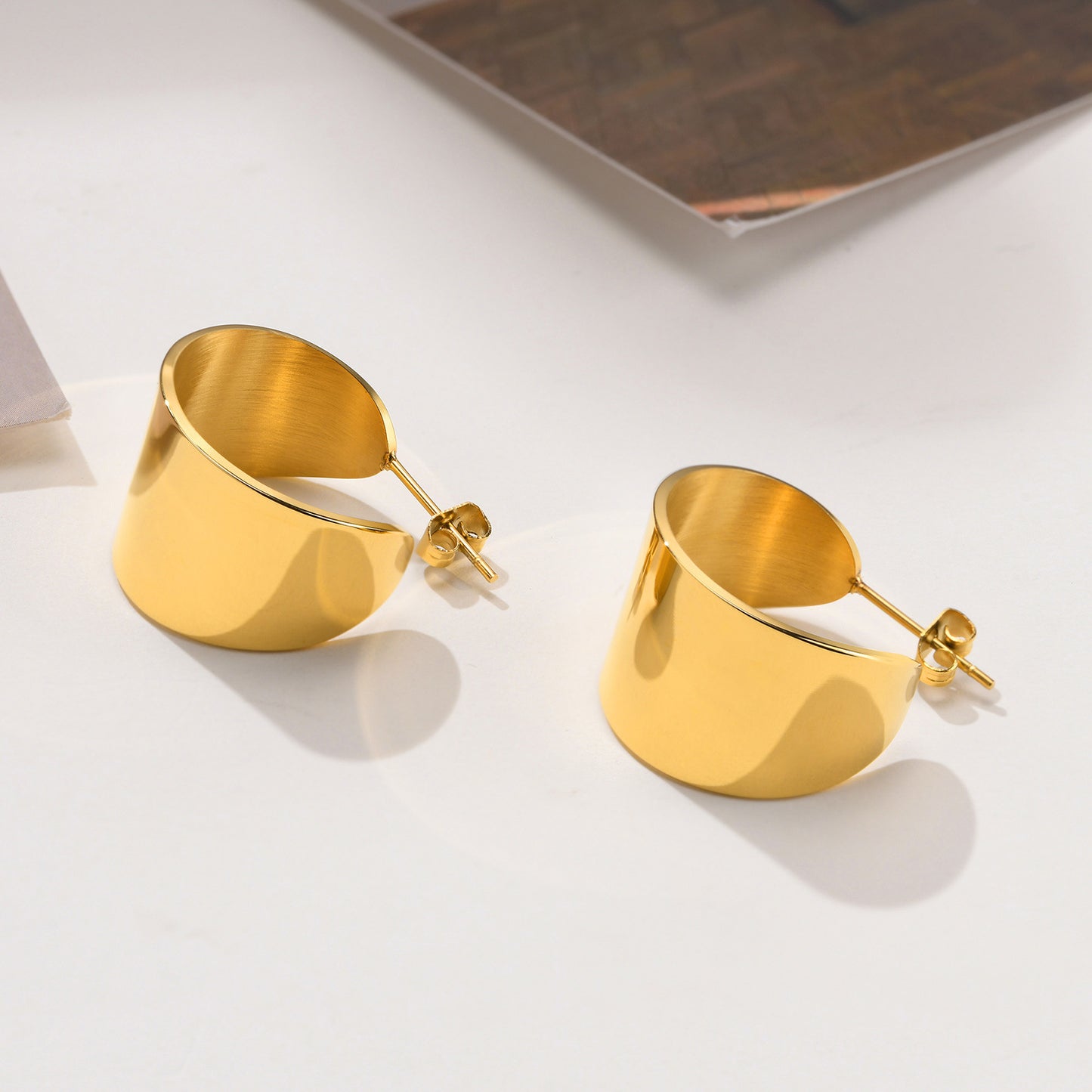 Golden Stainless Steel Earrings • Simple Smooth C-Shaped Design