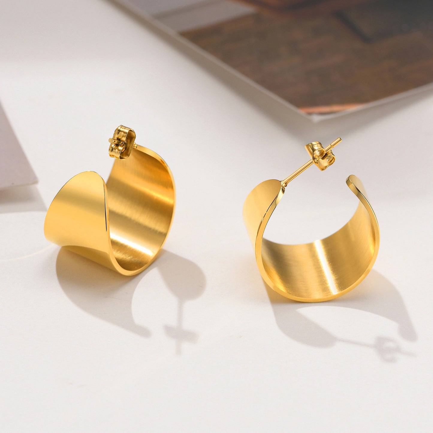 Golden Stainless Steel Earrings • Simple Smooth C-Shaped Design