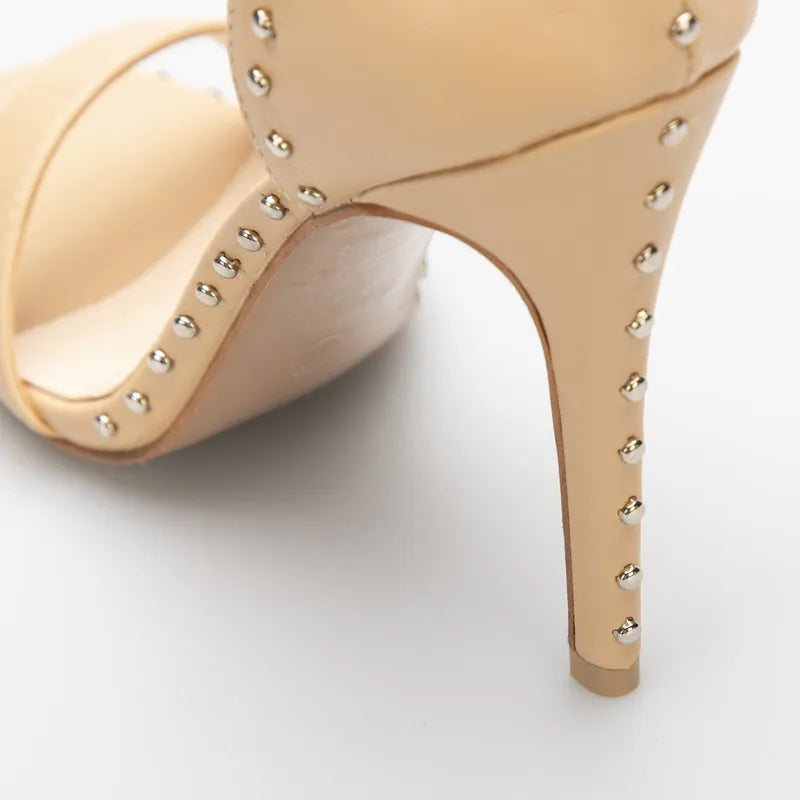 Rivet Stiletto Sandals •  Bonded Leather Shoes