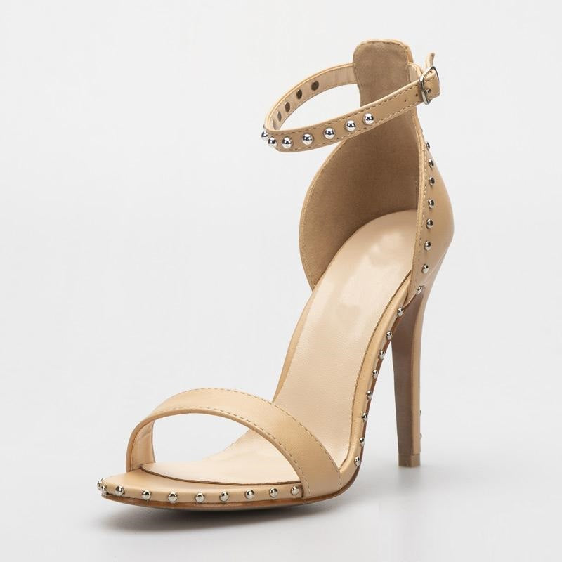 Rivet Stiletto Sandals •  Bonded Leather Shoes