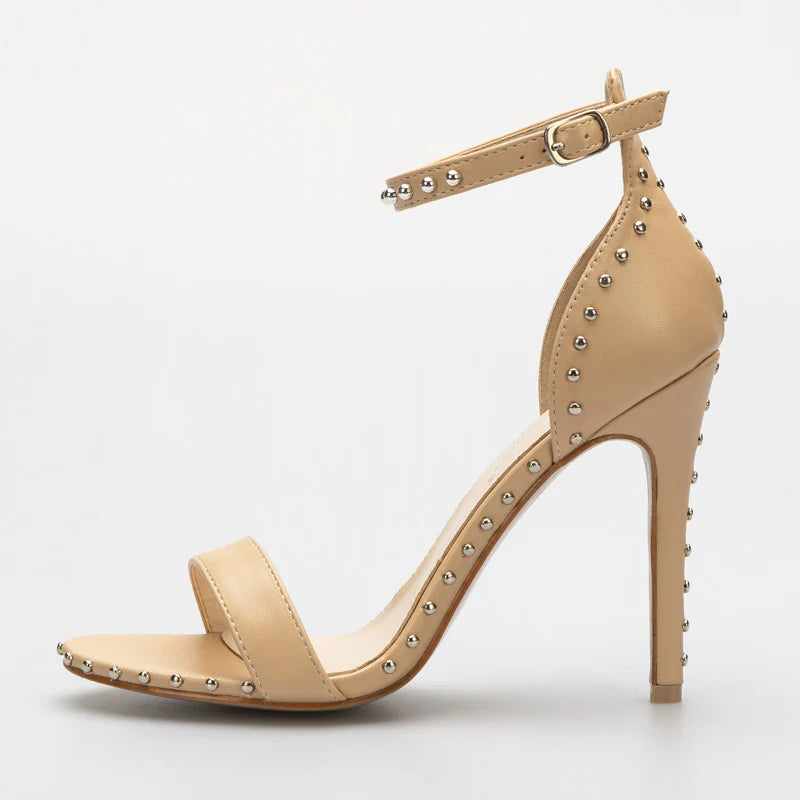 Rivet Stiletto Sandals •  Bonded Leather Shoes