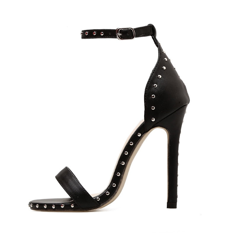 Rivet Stiletto Sandals •  Bonded Leather Shoes