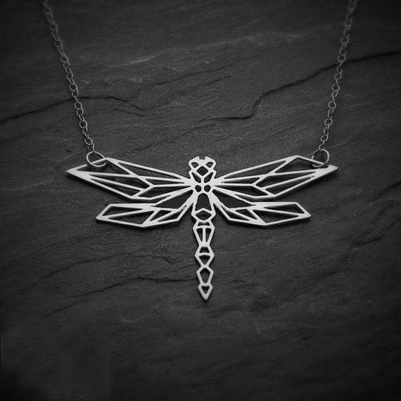 Low Poly Dragonfly Necklace • Stainless Steel Pendant and Chain