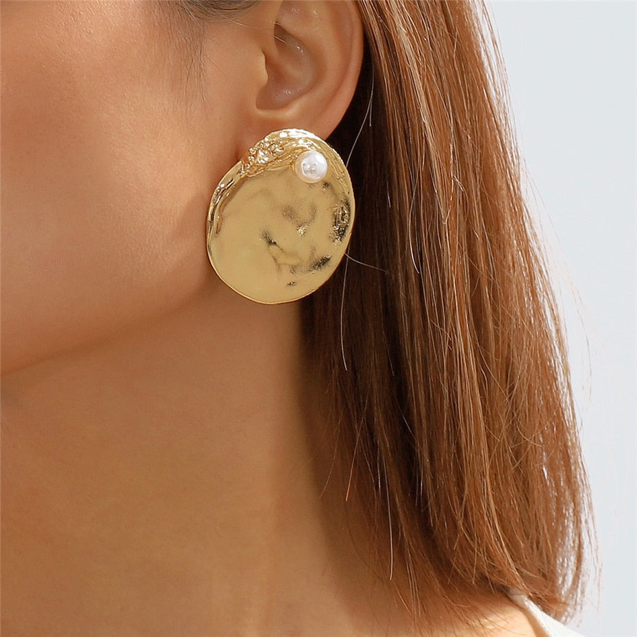 Pearl Embedded Discs Earrings • Large Golden Round Studs