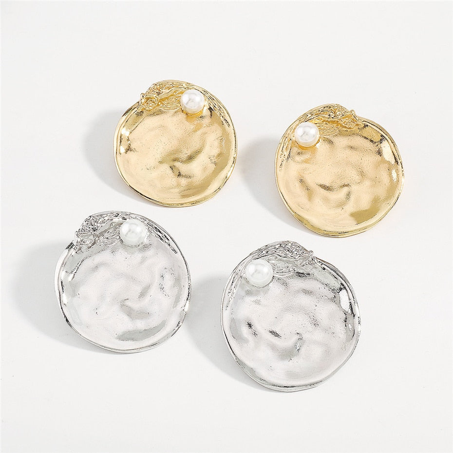 Pearl Embedded Discs Earrings • Large Golden Round Studs