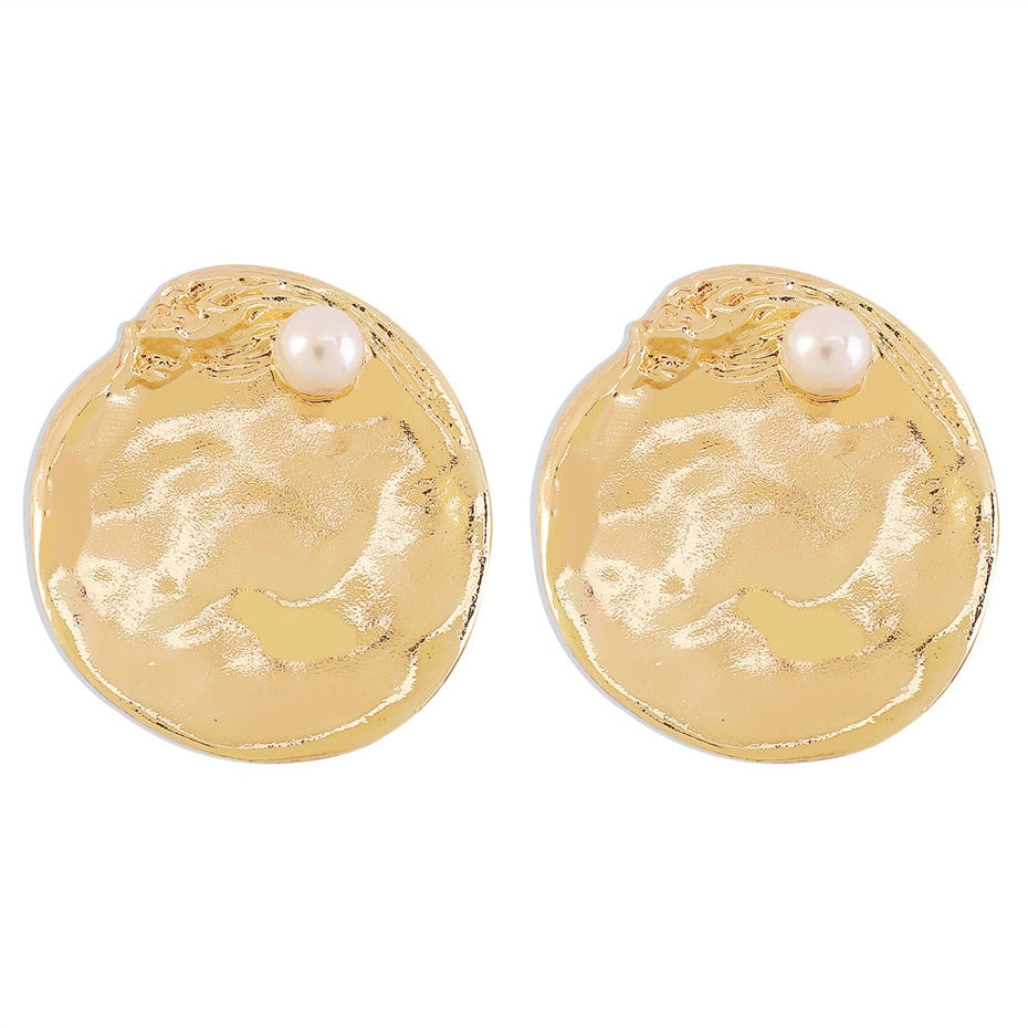 Pearl Embedded Discs Earrings • Large Golden Round Studs