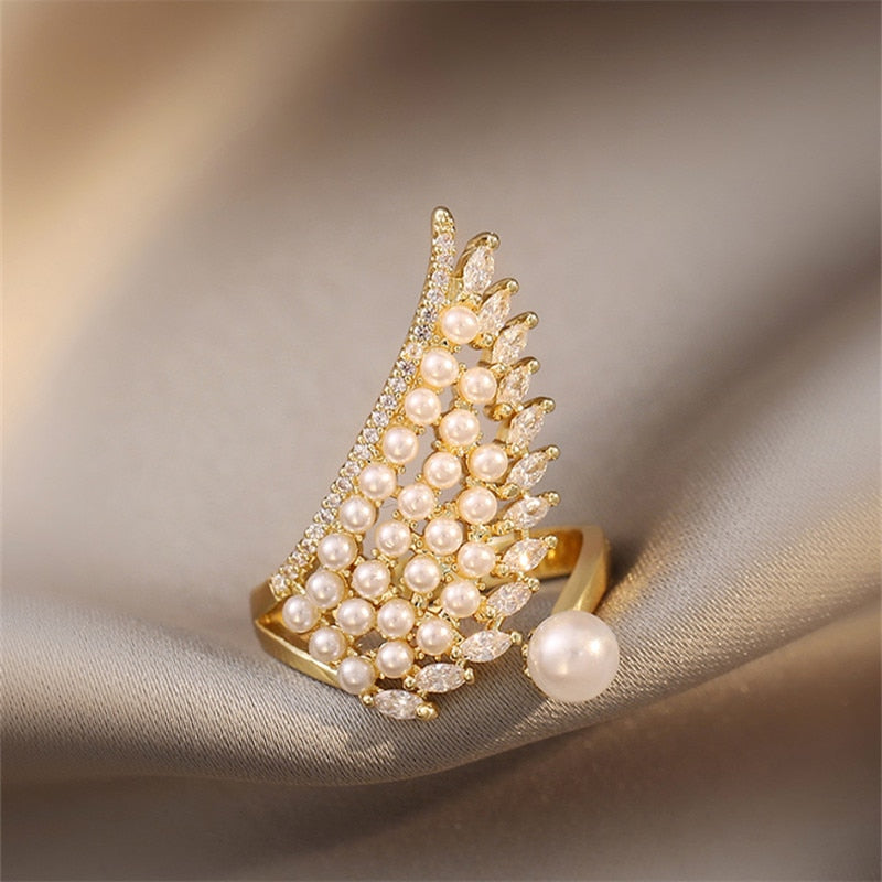 Pearl Wing Open Ring • Stylish Luxury Zircon Embedded Ring