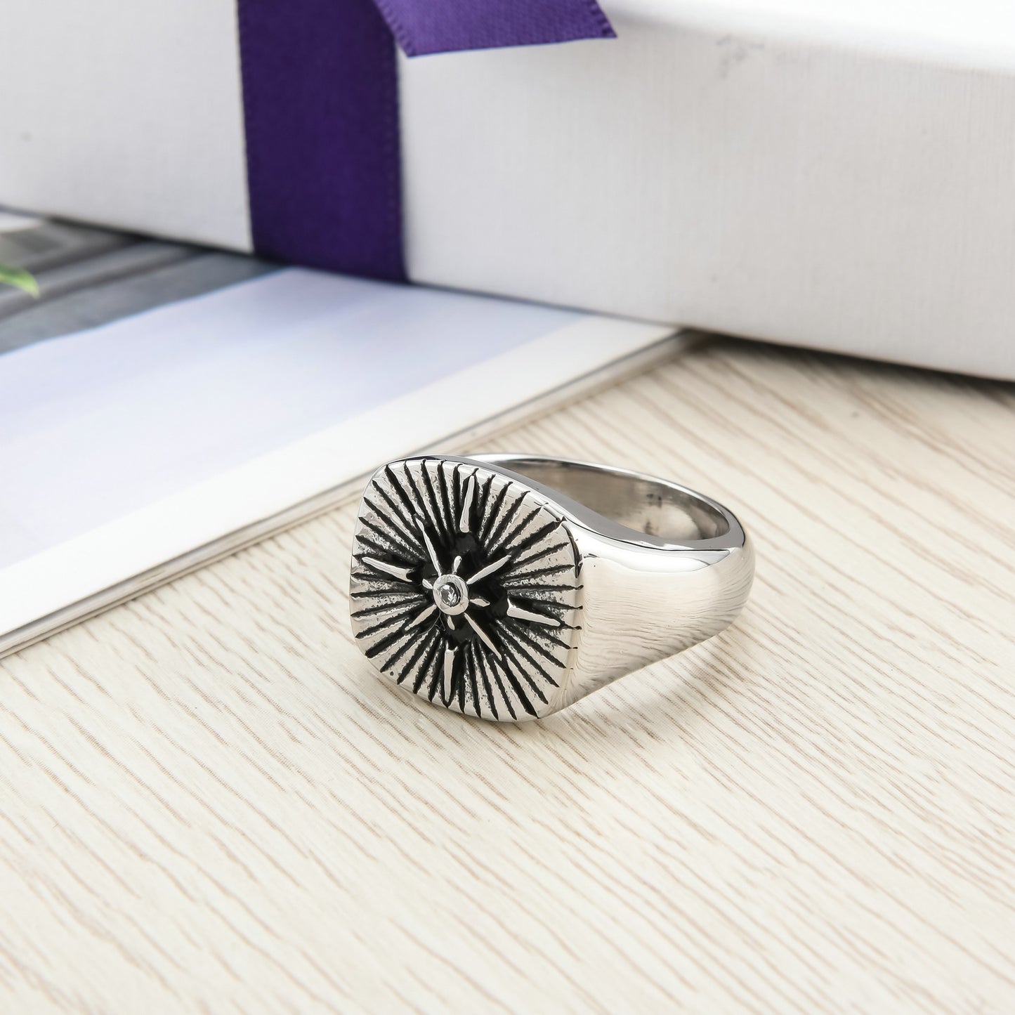 Retro Compass Ring • Titanium Steel Zircon Ring