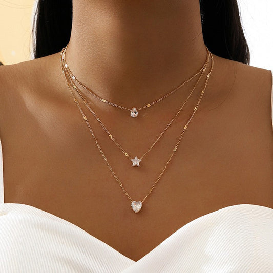 Silver Triple Layered Zircon Embedded Chain • Star Heart Teardrop Rhinestone Necklace