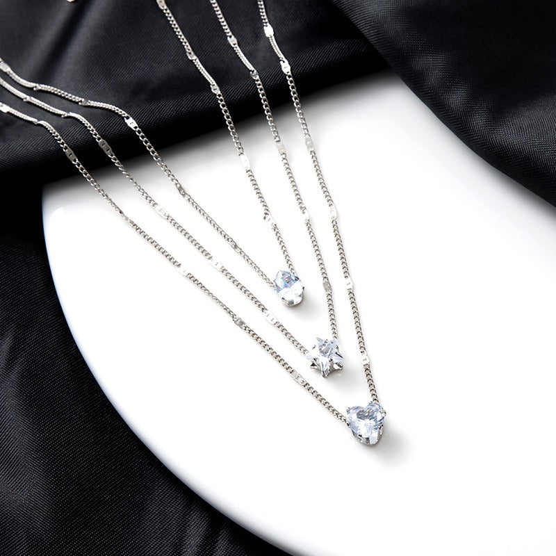 Silver Triple Layered Zircon Embedded Chain • Star Heart Teardrop Rhinestone Necklace