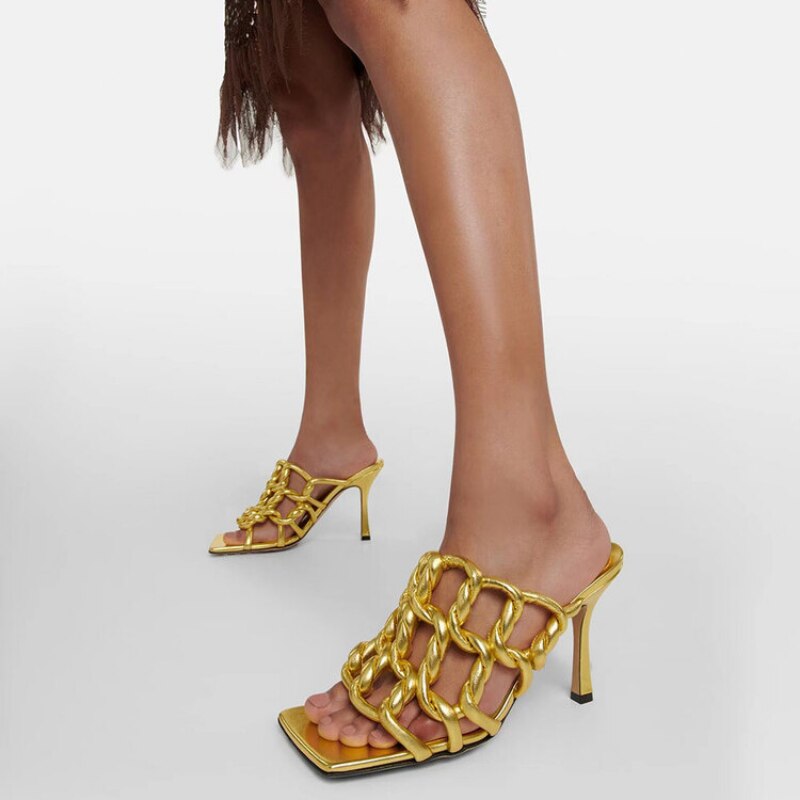 Woven Stiletto Sandals • Microfiber Leather Slippers