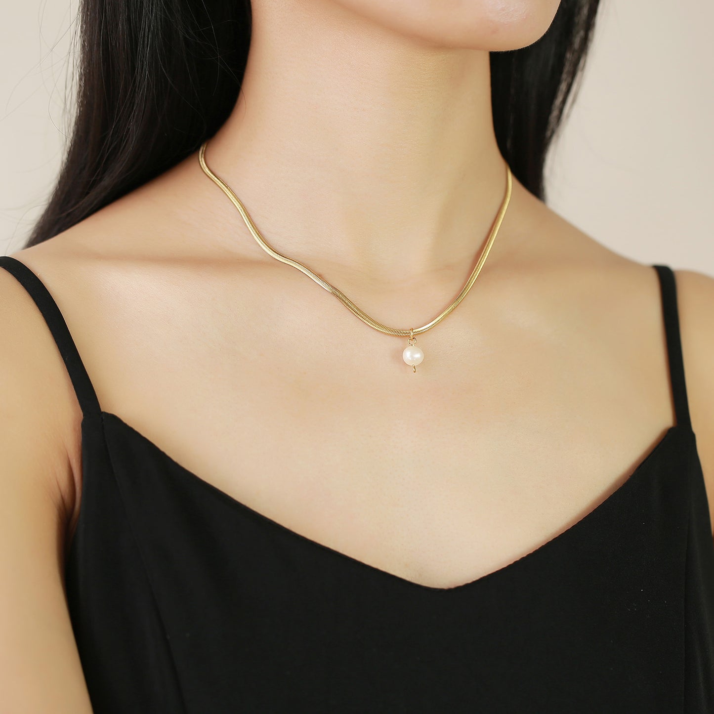 Pearl Pendant Snake Chain • Gold Plated Stainless Steel