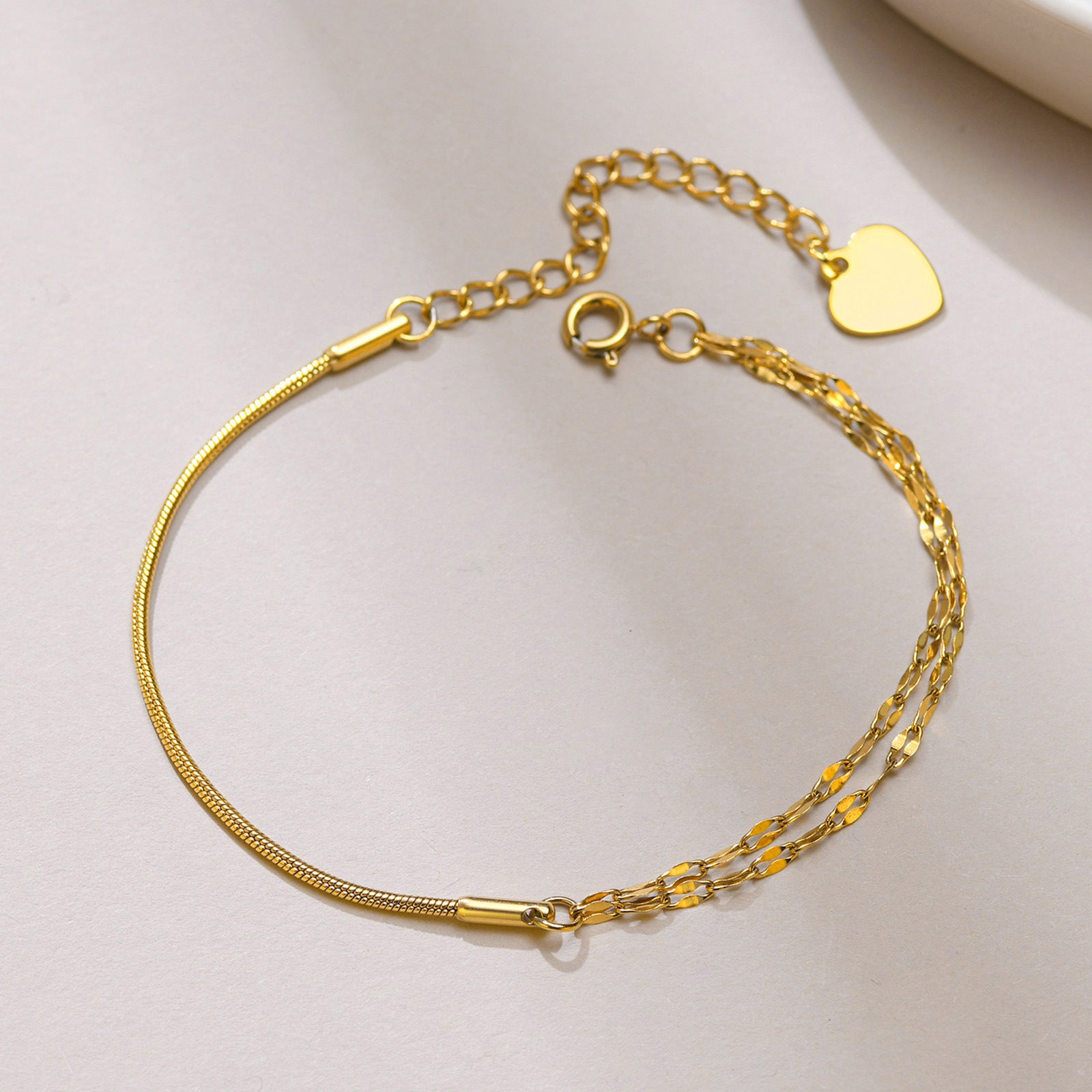 Stainless Steel Round Snake Chain • Golden Splicing Chain Bracelet- heart charm bracelet