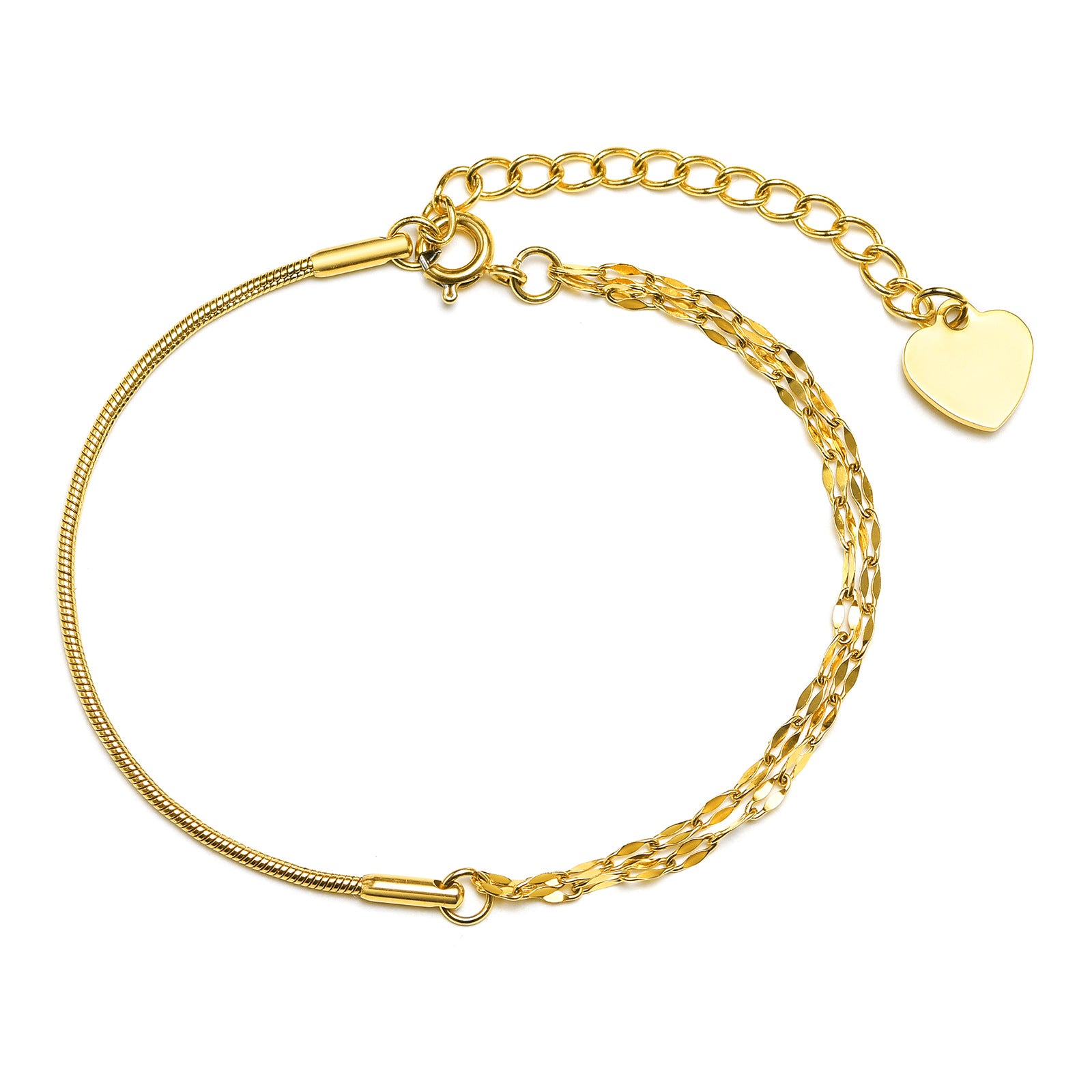 Stainless Steel Round Snake Chain • Golden Splicing Chain Bracelet- heart charm bracelet