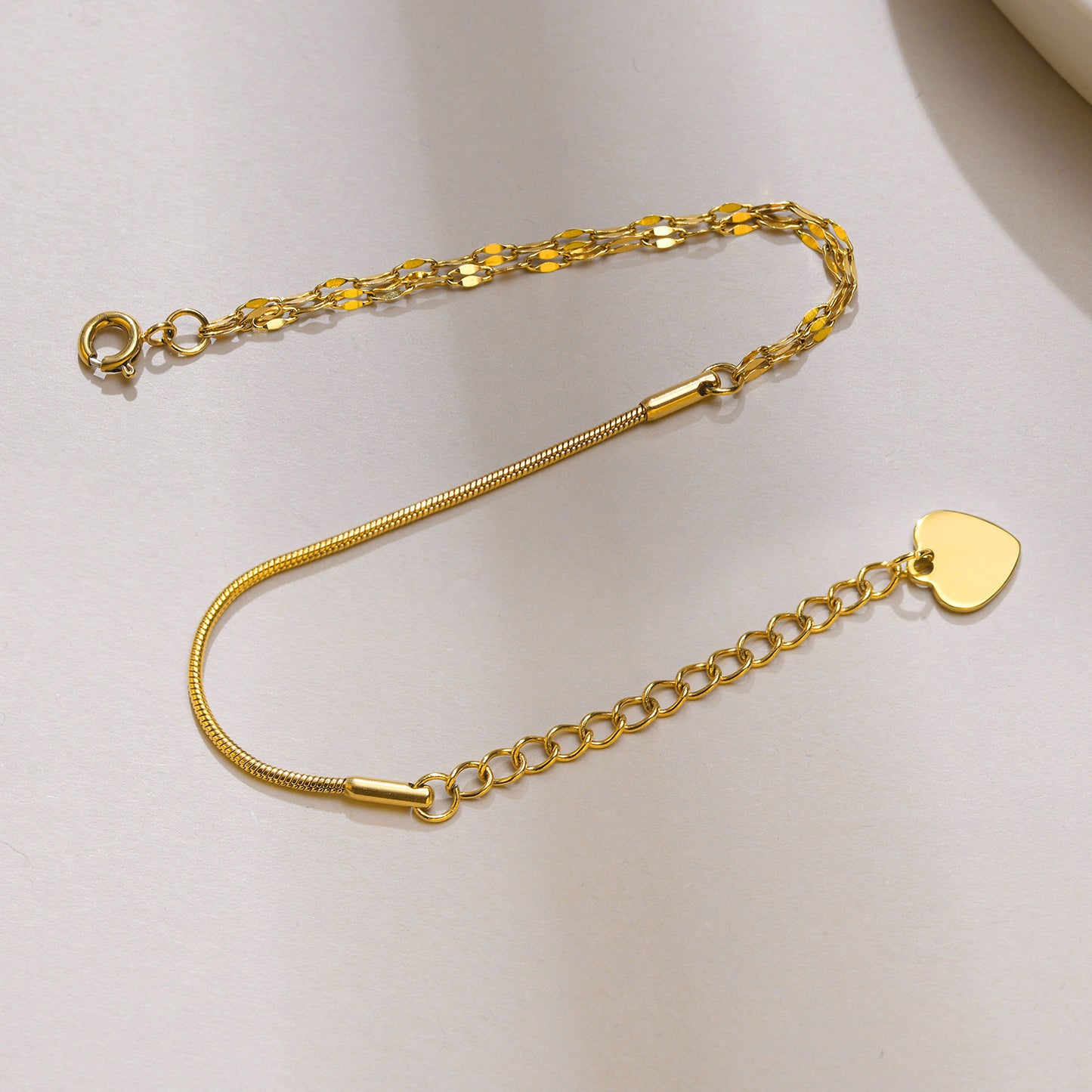 Stainless Steel Round Snake Chain • Golden Splicing Chain Bracelet- heart charm bracelet