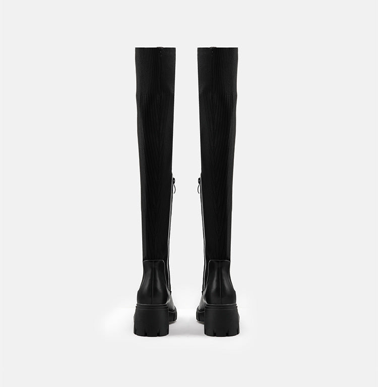 Thick Heel Knee Boots • PU Leather Boots