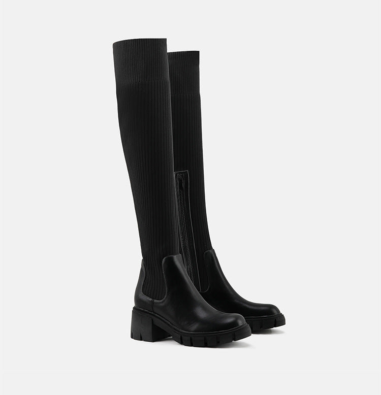 Thick Heel Knee Boots • PU Leather Boots