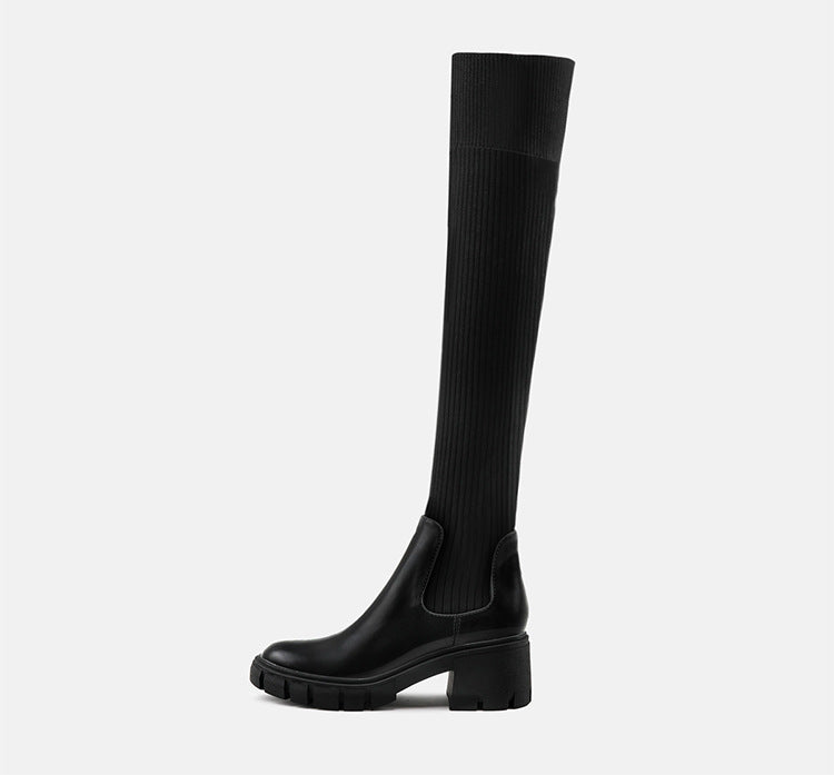 Thick Heel Knee Boots • PU Leather Boots