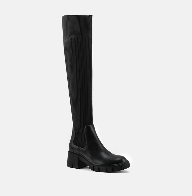 Thick Heel Knee Boots • PU Leather Boots