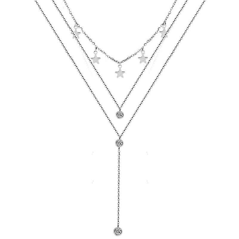 Three Layers Star Tassel Necklace • Stainless Steel Crystal Pendant Necklace