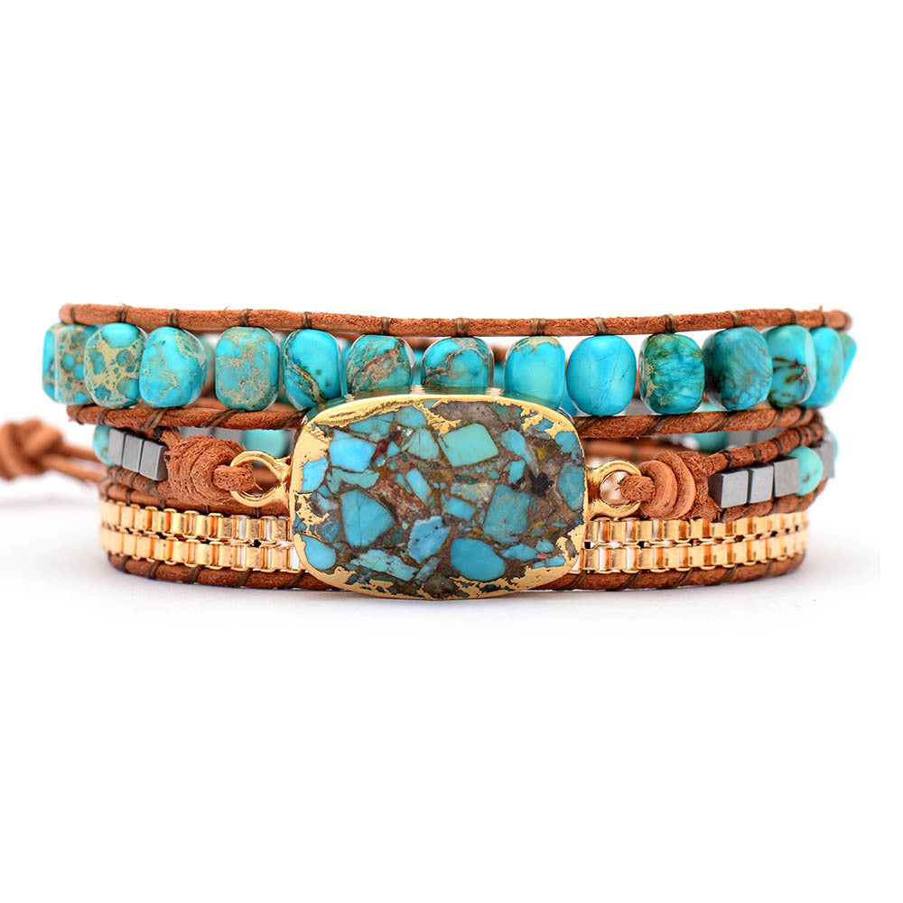 Triple Wrap Braided Bracelet • Leather Cord Turquoise