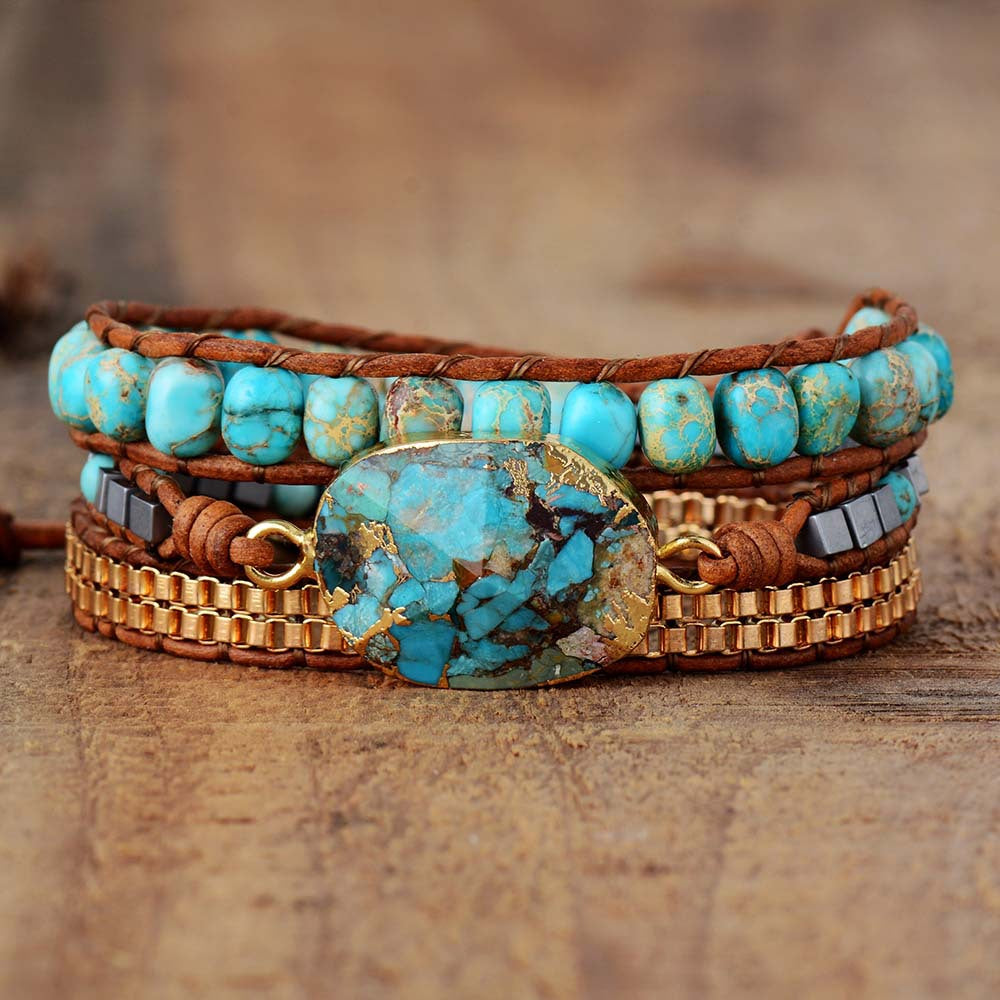 Triple Wrap Braided Bracelet • Leather Cord Turquoise