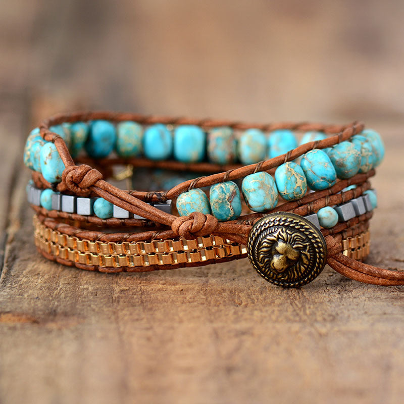 Triple Wrap Braided Bracelet • Leather Cord Turquoise