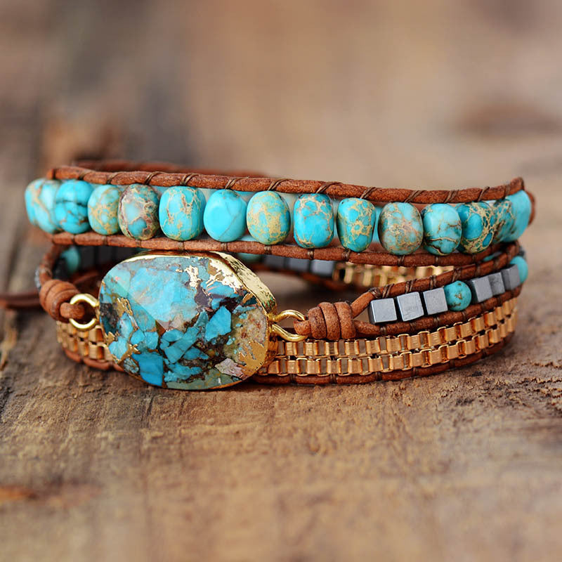 Triple Wrap Braided Bracelet • Leather Cord Turquoise