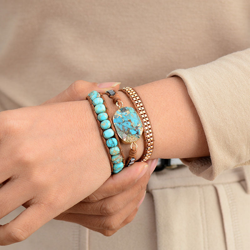 Triple Wrap Braided Bracelet • Leather Cord Turquoise