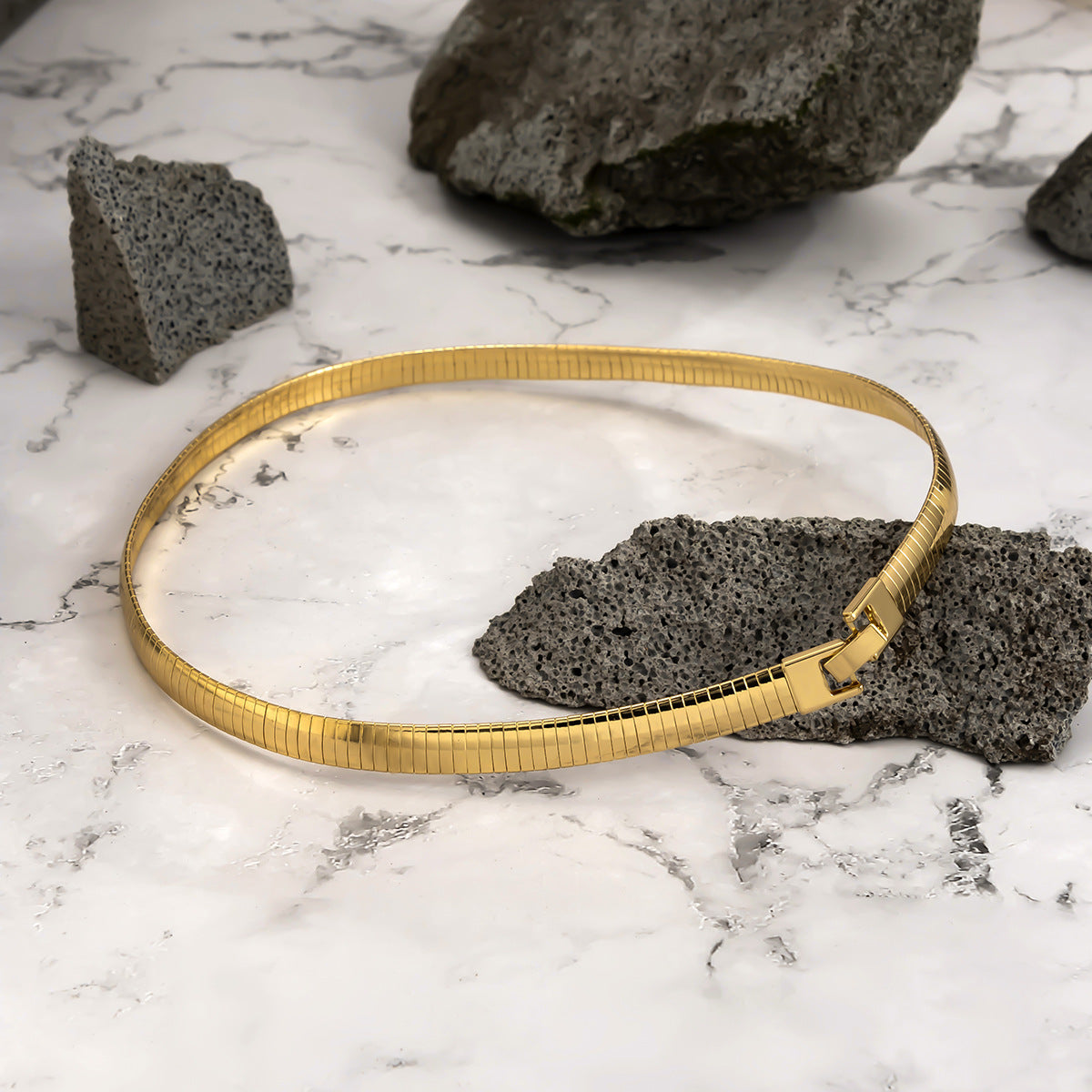 Wide Flat Snake Chain •  Gold Plated Copper Collar