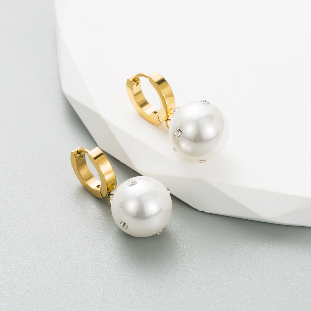 Zircon Embedded Pearl Earrings • Titanium Steel Earrings